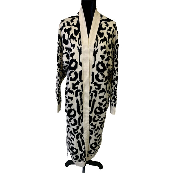Blank NYC Long Sweater Womens Large Beige OpenFront Safari Animal Print Cardigan - Picture 1 of 12